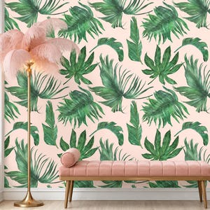 Peel and Stick Banana Leaf Green and Pink Tropical Wallpaper on Etsy
