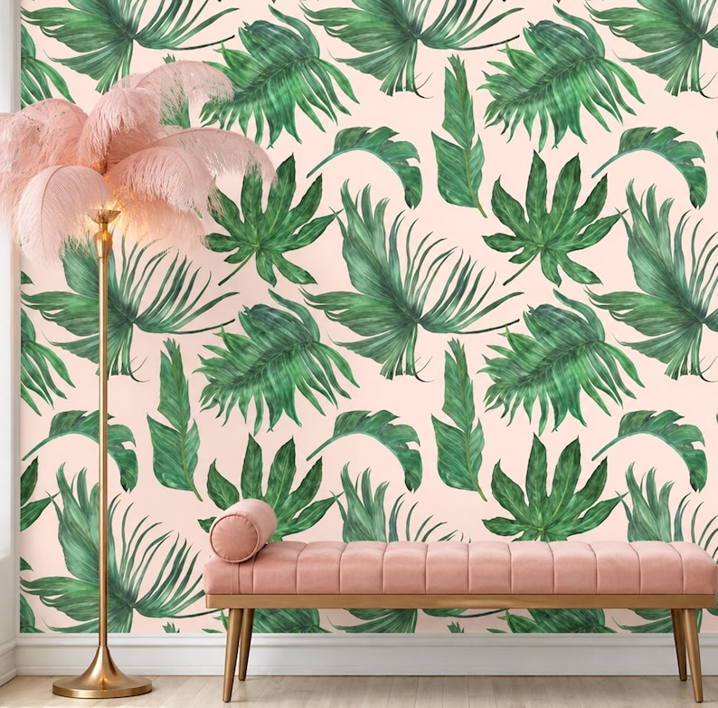 Peel and Stick Banana Leaf Green and Pink Tropical Wallpaper on Etsy