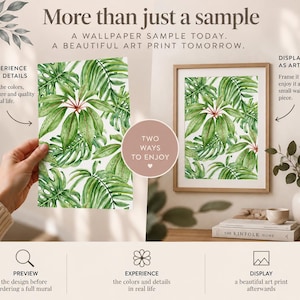 A wallpaper sample shown in hand and displayed in a frame, illustrating how it can be used to preview a design and later enjoyed as a small decorative art print, for home decorators and interior designers.