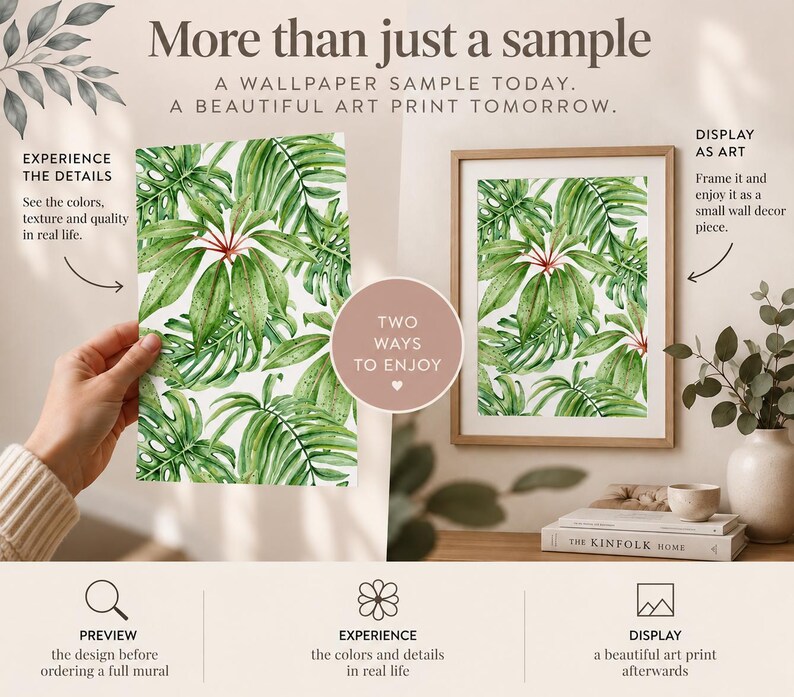 A wallpaper sample shown in hand and displayed in a frame, illustrating how it can be used to preview a design and later enjoyed as a small decorative art print, for home decorators and interior designers.