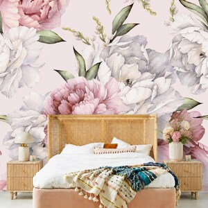 Dusty Pink White Grey Flower Peony Wallpaper Mural Light Pink Background Removable Peel and Stick on Etsy
