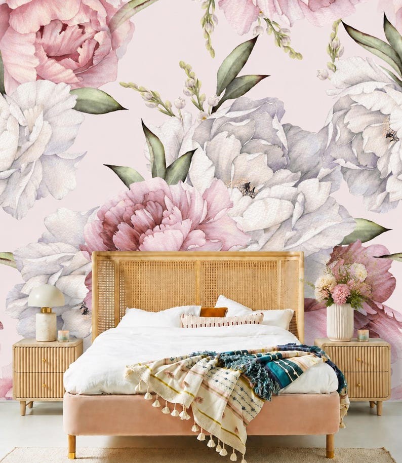 Dusty Pink White Grey Flower Peony Wallpaper Mural Light Pink Background Removable Peel and Stick on Etsy
