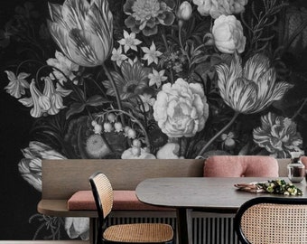 Dark Floral Remove Wallpaper Noir et Blanc Murale Murale, Papier Peint Floral Amovible Pépinière Floral Peel & Stick Wallpaper Auto Adhésif #124