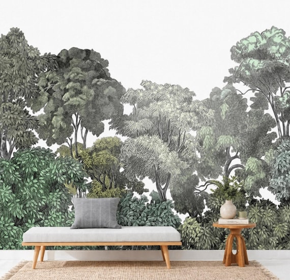 Green Tree Wallpaper Mural, Removable Peel and Stick Prepasted, Modern Natural Decor, Vintage Woodland Toile Wallpaper for Cozy Living Room