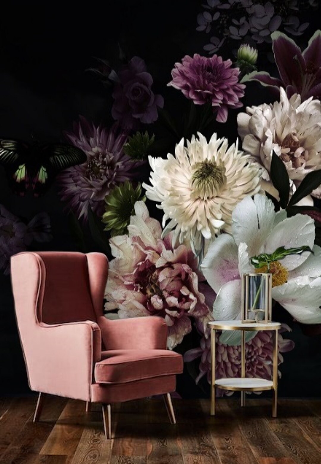 Dark Floral Mural Vintage Floral Wallpaper Peel and Stick Etsy