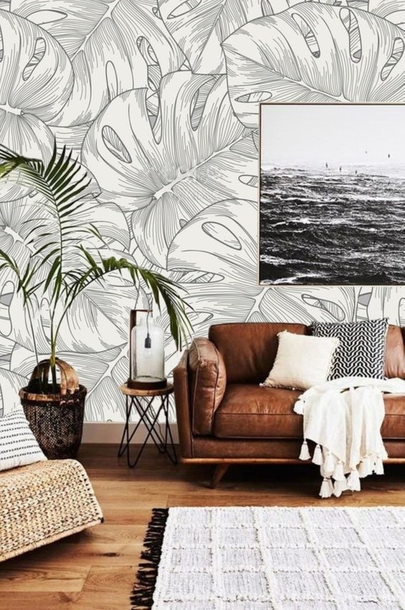 Graue und weie Monstera Line Art Tapete, Abnehmbares Schlen und  Aufkleben, Kstenbauernhausdekor, Minimalistische Tapete fr Familienzimmer  - Etsy sterreich