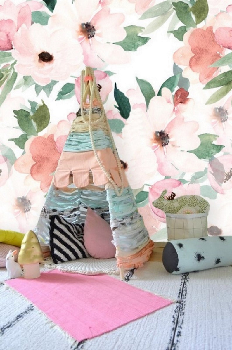 Baby Girl Nursery Peel and Stick Wallpaper Floral Watercolour Etsy