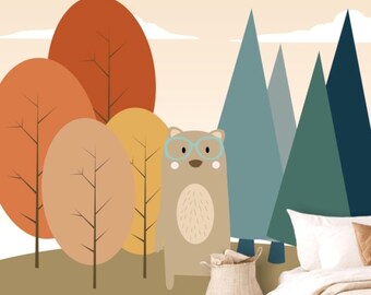 Gedempte kleur abstract bosbehang, verwijderbare peel and stick voorgelijmd, Kids Bear in Woods Room Decor, leuk speels behang voor speelkamer