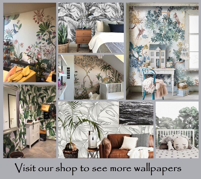 Peut inclure: Un collage de sc&egrave;nes de design d'int&eacute;rieur pr&eacute;sentant divers motifs de papier peint. Les images montrent des motifs botaniques, tropicaux et abstraits dans les chambres et les espaces de vie. Le texte "Visit our shop to see more wallpapers" est visible.