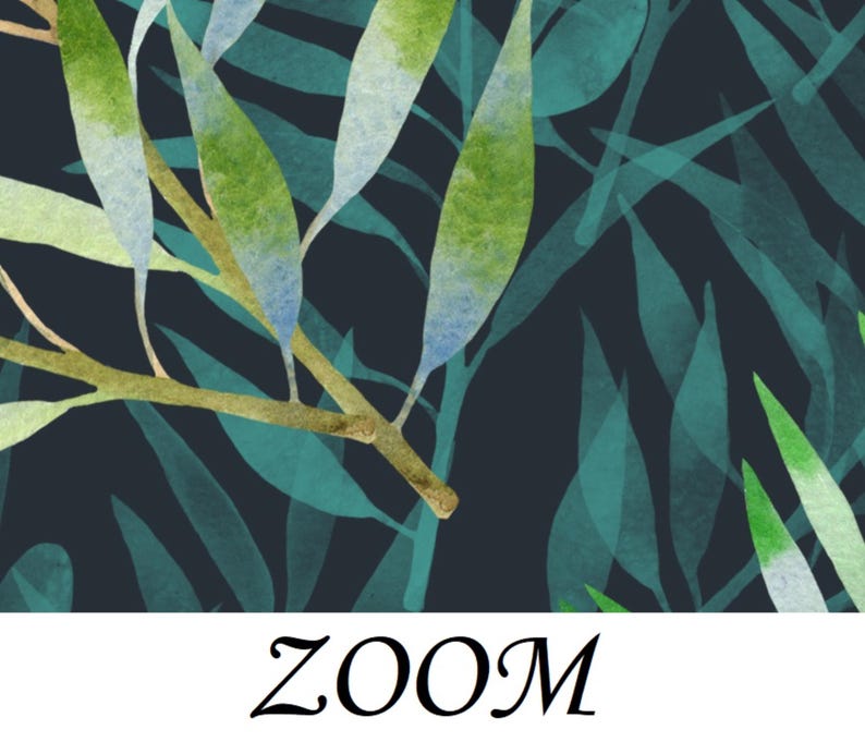 May include: Abstract watercolor pattern featuring overlapping green and blue leaves on a dark blue background.