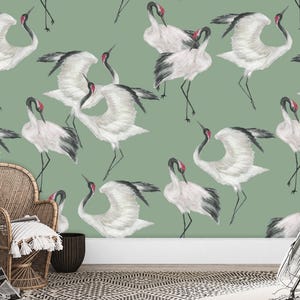 Sage Green Japanese Crane Wallpaper Mural Peel and Stick on Etsy