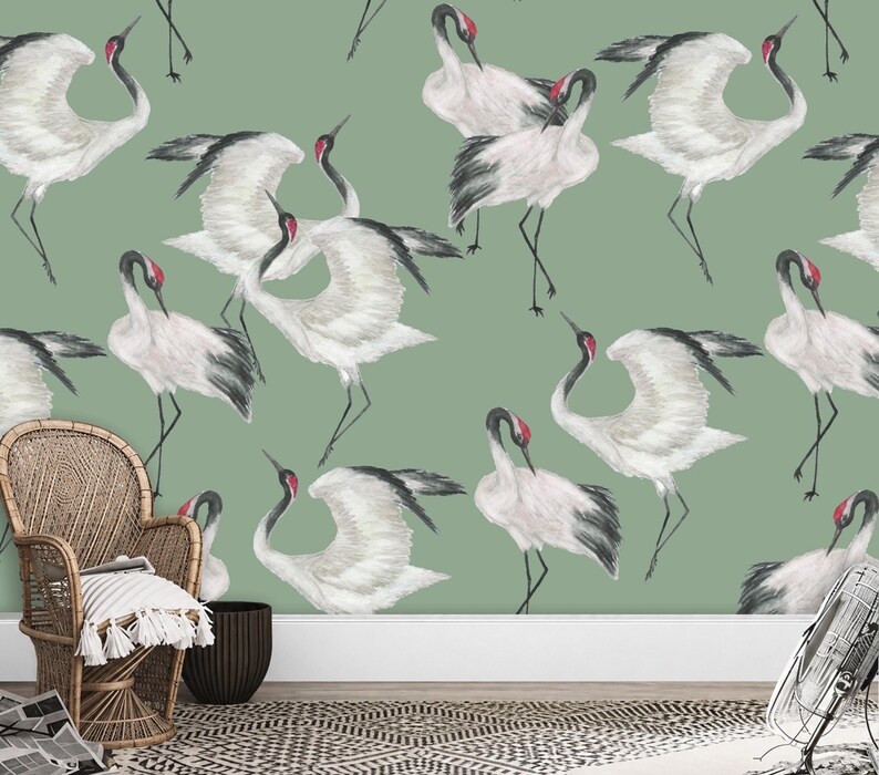 Sage Green Japanese Crane Wallpaper Mural Peel and Stick on Etsy