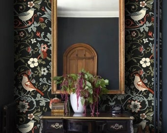 William Morris Wallpaper, Dark Vintage Floral Wallpaper, Bird Removable Wallpaper, Moody Flower Wallpaper, Victorian Inspired Wallpaper #222