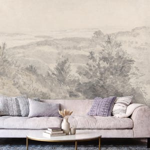 Subtle Grey Vintage Trees Pencil Drawing Sketch Landscape Wallpaper Mural Peel and Stick on Etsy
