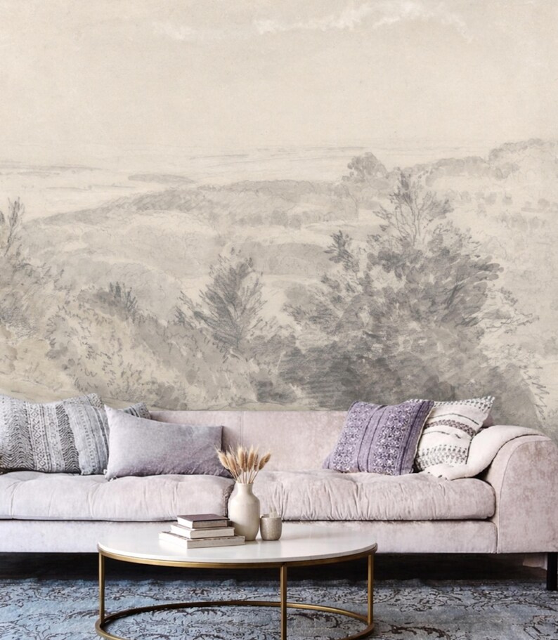 Subtle Grey Vintage Trees Pencil Drawing Sketch Landscape Wallpaper Mural Peel and Stick on Etsy