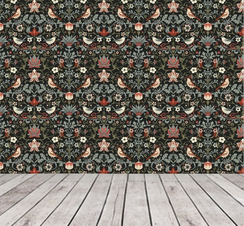 William Morris Wallpaper, Dark Vintage Floral Wallpaper, Bird Removable Wallpaper, Moody Flower Wallpaper, Victorian Inspired Wallpaper 222 image 6