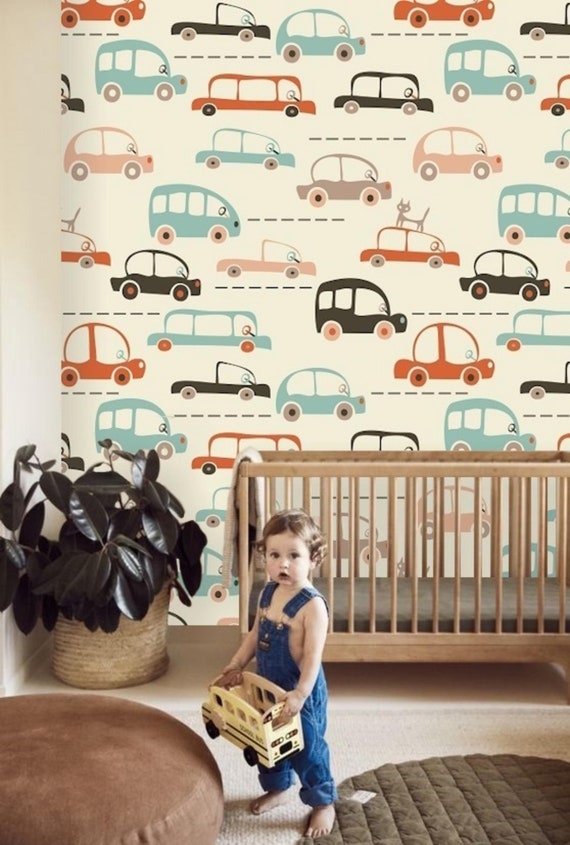 Pastel Color Doodle Car Wallpaper, Removable Peel and Stick Prepasted, Kids Modern Rustic Decor, Cute Vehicle Wallpaper for Toddler Boy Room