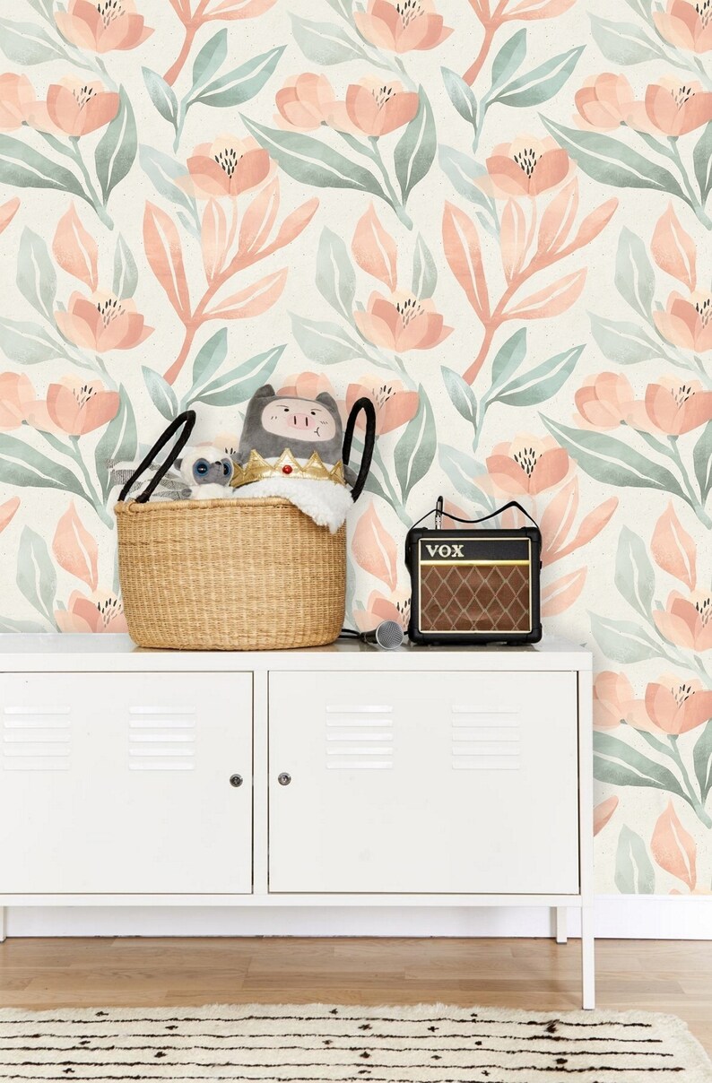 Muted Floral Wallpaper Moody Floral Nursery Neutral Etsy