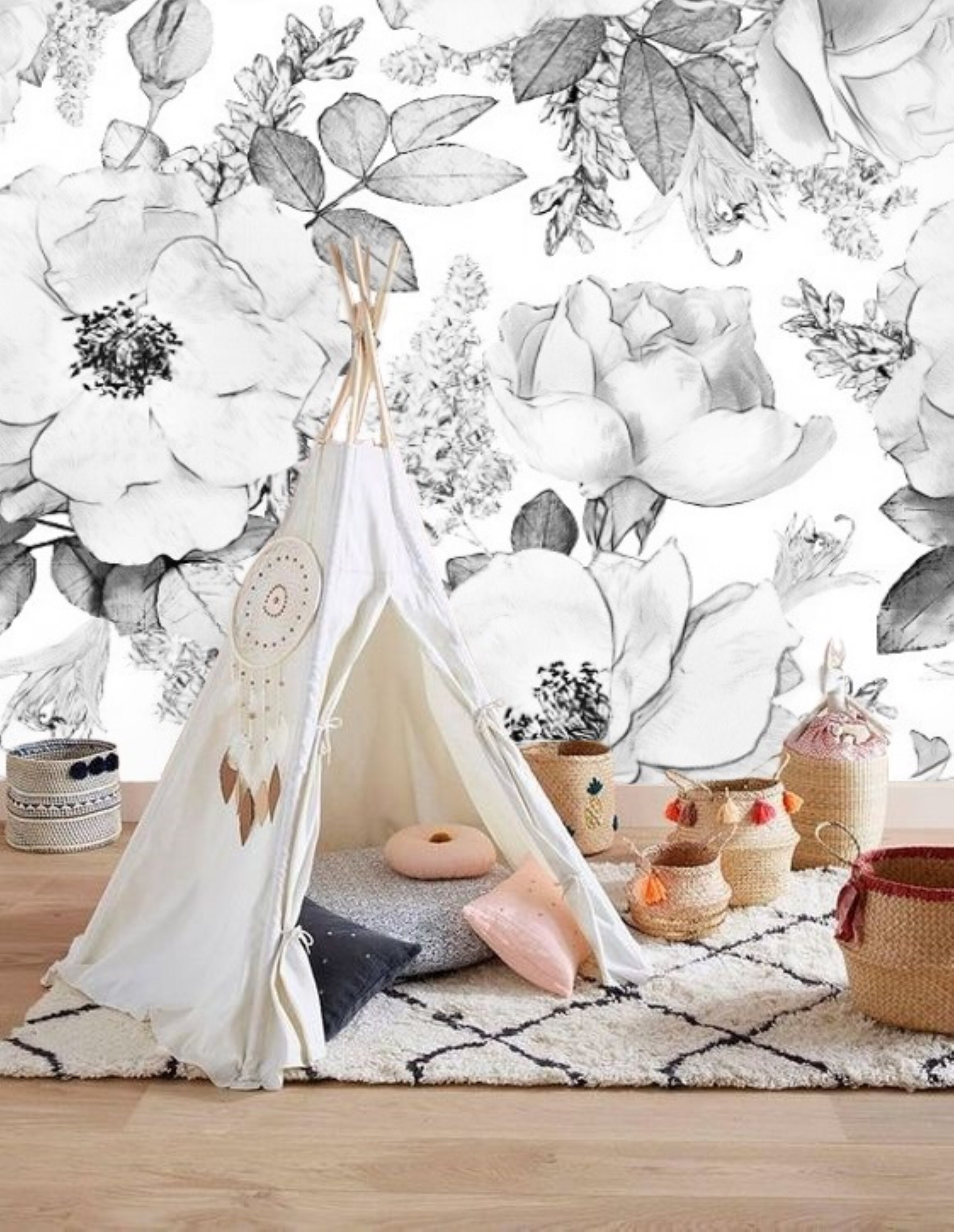 Black and White Floral Wallpaper Peel & Stick Mural Remove - Etsy UK