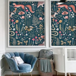 Green Red Dark Whimsical Cottagecore Nursery Wallpaper Midnight Blue Teal Background Removable Peel and Stick Wallpaper on Etsy