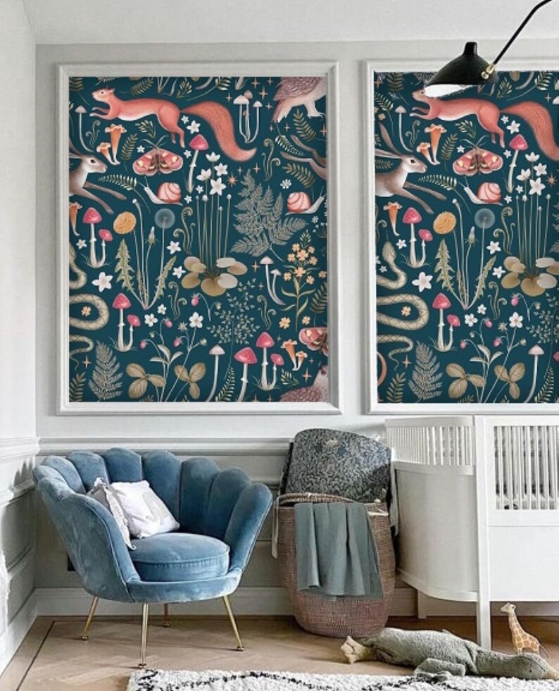 Green Red Dark Whimsical Cottagecore Nursery Wallpaper Midnight Blue Teal Background Removable Peel and Stick Wallpaper on Etsy