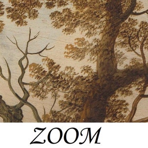 May include: A close-up of a painting depicting a tree with brown branches and leaves against a light brown background.