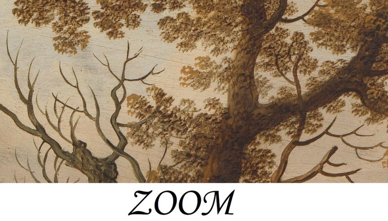 May include: A close-up of a painting depicting a tree with brown branches and leaves against a light brown background.