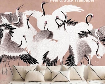 Large Pink Crane Wallpaper, Removable Peel and Stick Prepasted, Minimalist Japandi Decor, Oriental Bird Wallpaper for Modern Living Room
