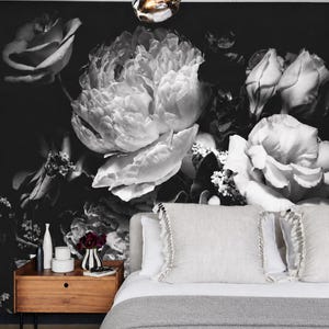 Black and White Dark Floral Wallpaper Peony Wall Mural Removable Peel and Stick on Etsy