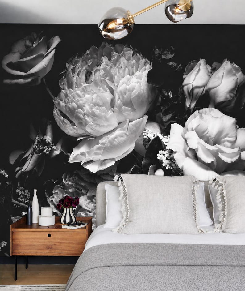 Black and White Dark Floral Wallpaper Peony Wall Mural Removable Peel and Stick on Etsy