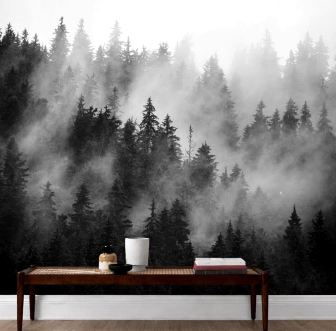 Misty Forest Black and White Wallpaper Mural, Removable Peel and Stick ...