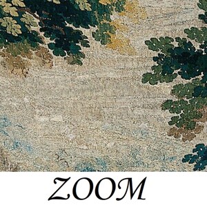 Close-up of the vintage Verdure parkland tapestry wallpaper mural revealing softly textured sky, distant woodland forms, layered greenery, and intricate woven details, evoking the atmosphere of an 18th-century castlecore sanctuary with the romance of a historic country estate, ideal for those drawn to Outlander aesthetic decor, natural poetry, and timeless European interiors.