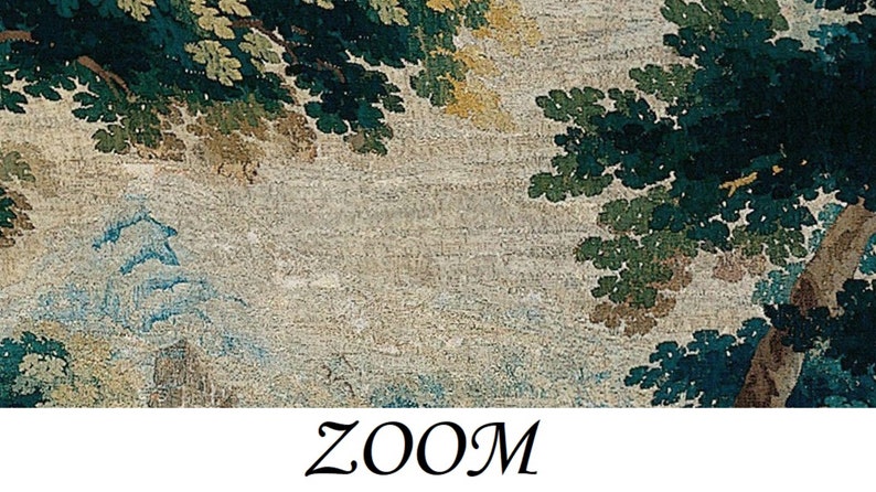 Close-up of the vintage Verdure parkland tapestry wallpaper mural revealing softly textured sky, distant woodland forms, layered greenery, and intricate woven details, evoking the atmosphere of an 18th-century castlecore sanctuary with the romance of a historic country estate, ideal for those drawn to Outlander aesthetic decor, natural poetry, and timeless European interiors.