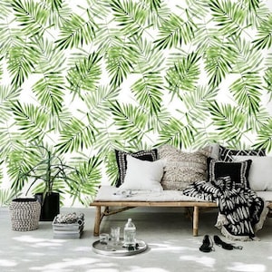 Green Palm Leaf Wallpaper, Nursery Neutral Leaves, Peel and Stick Wallpaper, Boho Tropical Wallpaper, Mural Wallpaper Greenery Prints 73 image 2