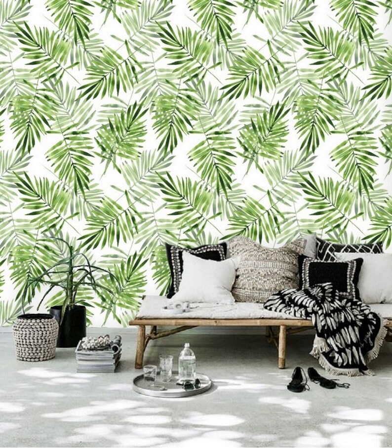 Green Palm Leaf Wallpaper, Nursery Neutral Leaves, Peel and Stick Wallpaper, Boho Tropical Wallpaper, Mural Wallpaper Greenery Prints 73 image 2