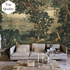French Antique Wallpaper, Scenic Wallpaper Mural Landscape Wallpaper, Woodland Forest Wallpaper, Dark Green Garden, Moody Country Painting