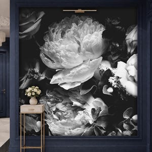 Black and White Dark Floral Wallpaper Peony Wall Mural Removable Peel and Stick on Etsy