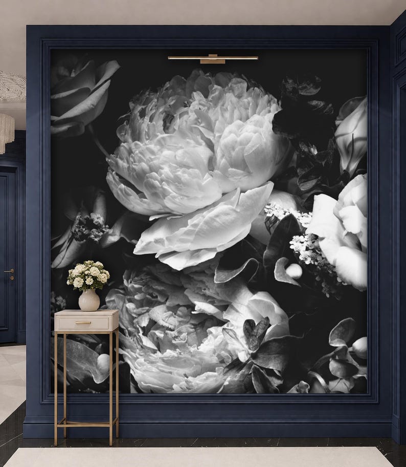 Black and White Dark Floral Wallpaper Peony Wall Mural Removable Peel and Stick on Etsy