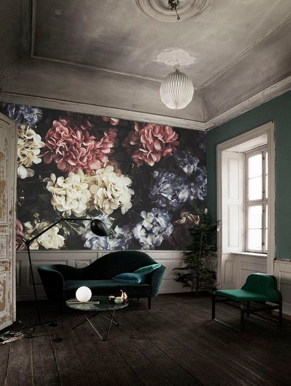 Dark Floral Mural Wallpaper Remove Peel And Stick Wallpaper Floral Wall Mural Removable Wallpaper Flower Nursery Wallpaper Girl Decal 150