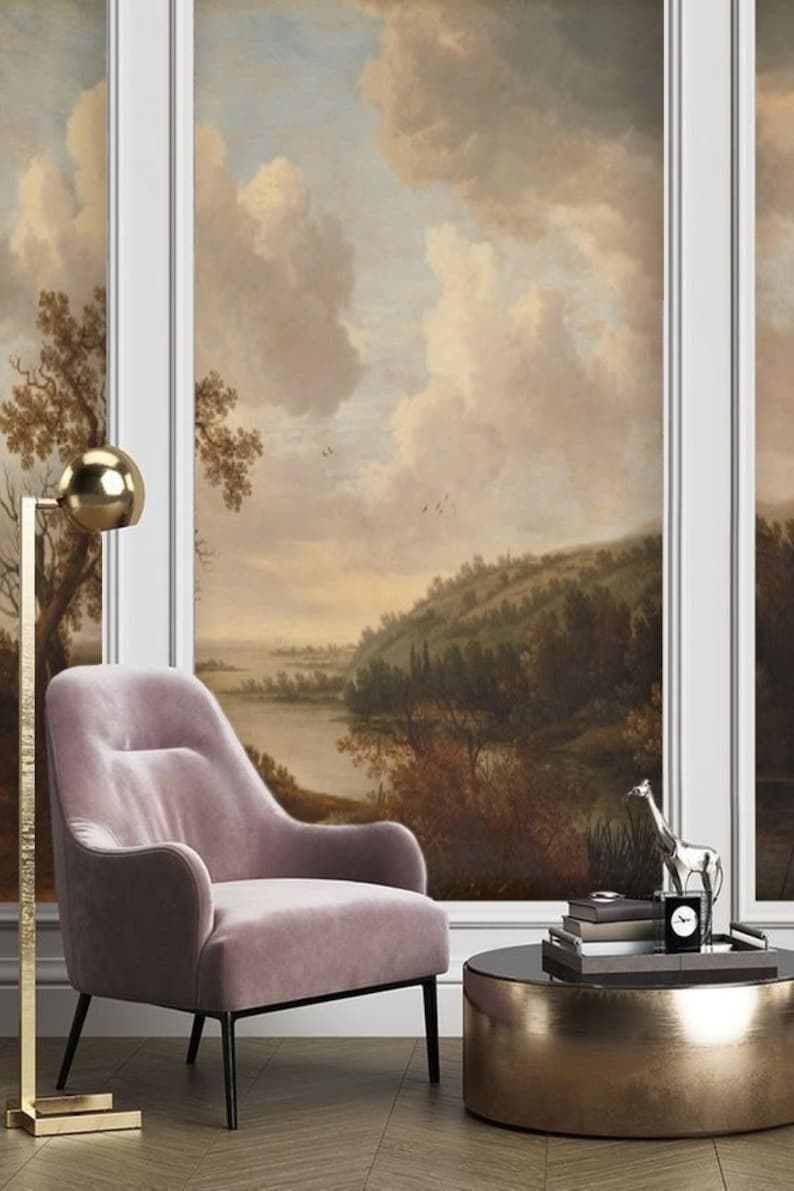 Earth Tone Vintage River Landscape Oil Painting Wallpaper Mural Removable Peel and Stick on Etsy