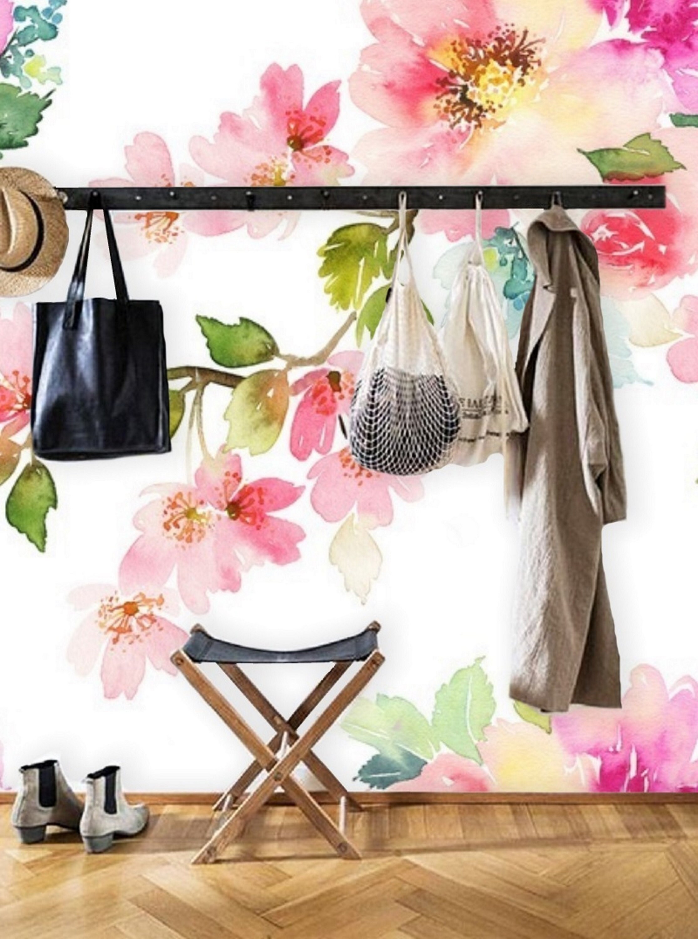 Pink Floral Wallpaper Mural Peel & Stick Wallpaper Remove Etsy