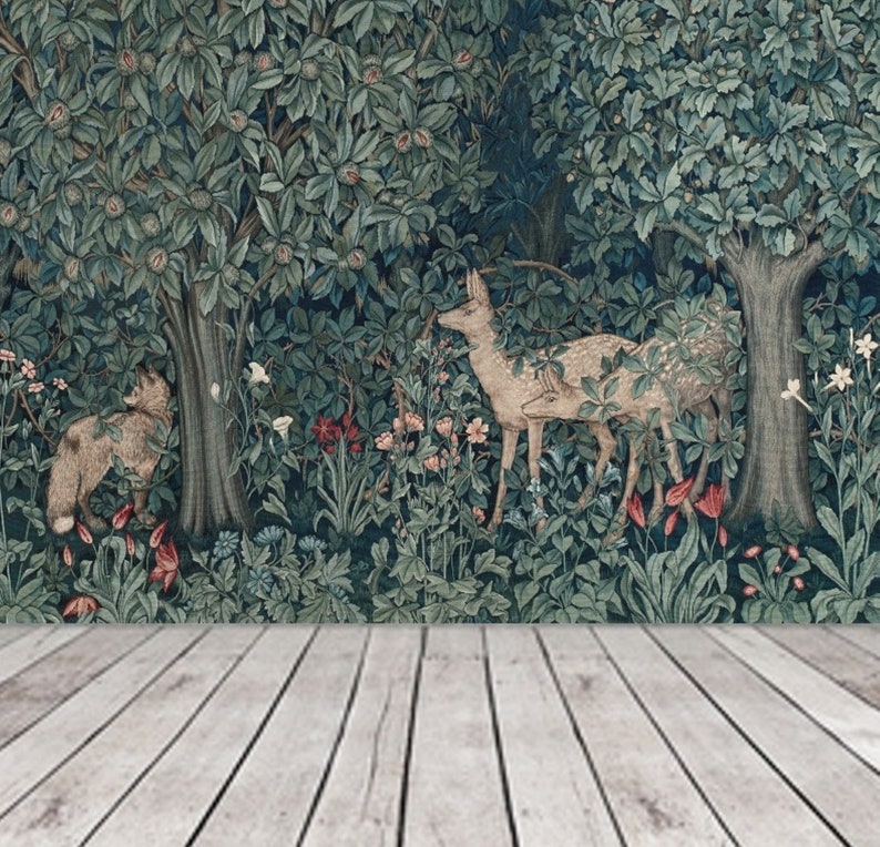 William Morris Wallpaper, Whimsical Forest Wallpaper, Woodland Removable Wallpaper, Deer Wall Mural Wallpaper, Greenery Nursery Decor 226 image 6