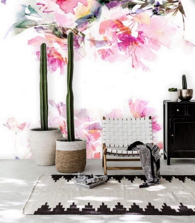 Pink Floral Wall Mural Wallpaper Remove Peel and Stick Etsy