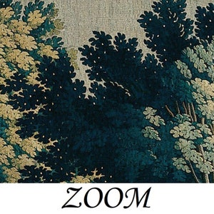 Close-up of an antique 17th-century Verdure forest tapestry wallpaper mural in rich deep blue, muted green, and warm earthy tones, highlighting the layered tree canopy, delicate foliage, and distinctive woven texture, showcasing the depth and craftsmanship of this historic scenic design while bringing a refined, immersive atmosphere for interior designers creating expansive, high-end residences and bespoke luxury interiors.