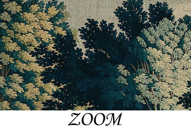 Close-up of an antique 17th-century Verdure forest tapestry wallpaper mural in rich deep blue, muted green, and warm earthy tones, highlighting the layered tree canopy, delicate foliage, and distinctive woven texture, showcasing the depth and craftsmanship of this historic scenic design while bringing a refined, immersive atmosphere for interior designers creating expansive, high-end residences and bespoke luxury interiors.