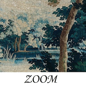 Detailed close-up of the antique parkland tapestry wallpaper mural showing a mature woodland tree beside a tranquil pond, with layered blue-green foliage, delicate reeds, distant trees, and a softly textured sky, showcasing its fine textile-inspired character and intricate scenic craftsmanship for those who appreciate the blend of Green Academia aesthetics and Old Money decor.
