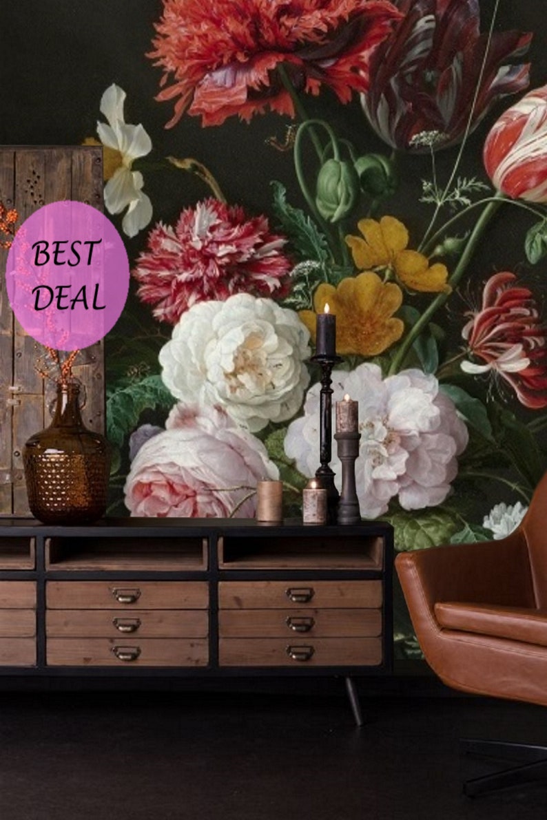 Flower Wall Mural Removable Wallpaper Dark Floral Mural Peel Etsy