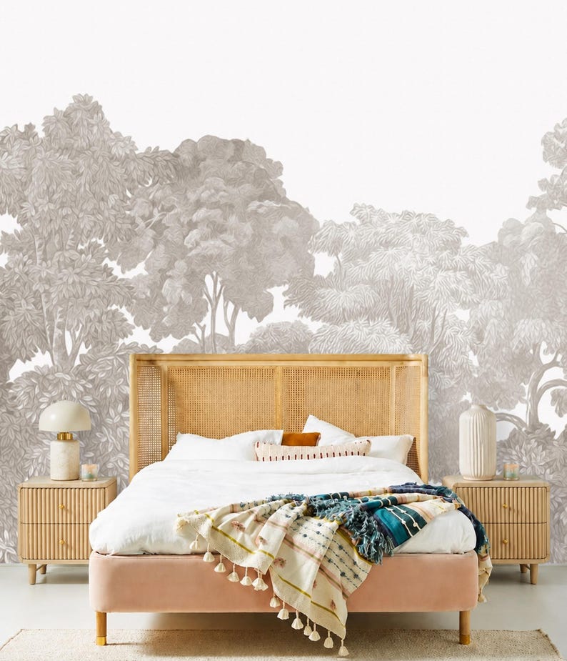 Grey Beige Neutral Tree Rain Forest Wallpaper Mural Peel and Stick on Etsy