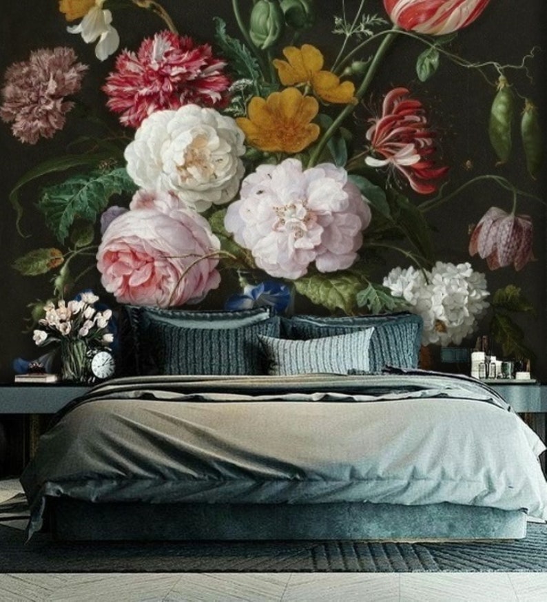 Flower Wall Mural Removable Wallpaper Dark Floral Mural Peel Etsy