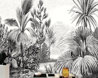 Black and White Jungle Wallpaper Mural, Removable Peel and Stick Prepasted, Rainforest Decor, Vintage Tropical Wallpaper for Living Room